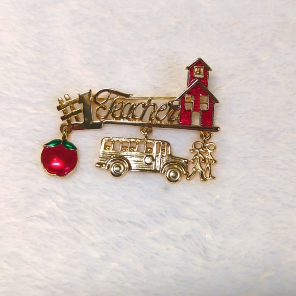 Vintage Goldtone and Red Enamel #1 TEACHER Brooche - Picture 2 of 6